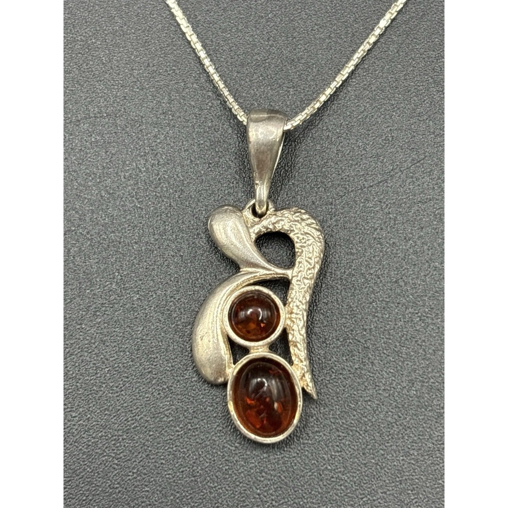 18" Vintage Sterling Silver Multi Amber Pendant Necklace 925 D24